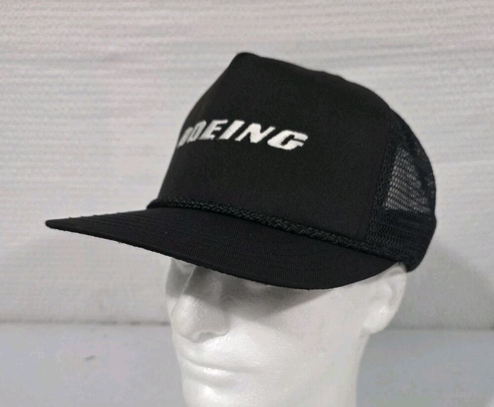 Vintage Boeing USA Trucker Snapback Hat Black Mesh Made in USA